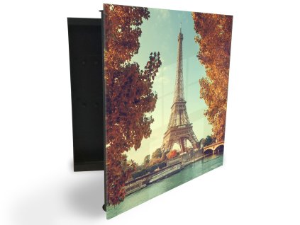 Glasdekor skříňka na klíče - Eiffelova věž na řekou Seinou (Barva skříňky Černá, Otevírání Pravé)