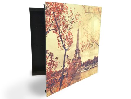 Glasdekor skříňka na klíče - podzimní Paříž, Eiffelova věž (Barva skříňky Černá, Otevírání Pravé)