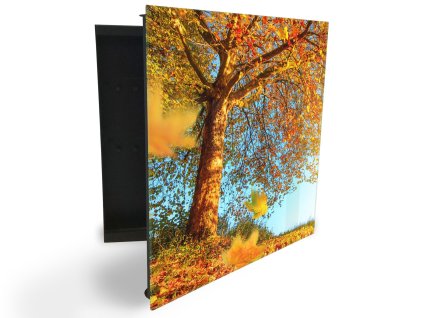 Glasdekor skříňka na klíče - podzimní strom a listí (Barva skříňky Černá, Otevírání Pravé)