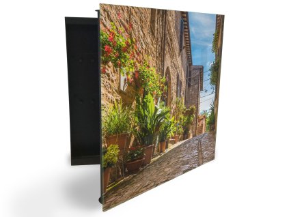 Glasdekor skříňka na klíče - dlažděná ulička ozdobená květinami (Barva skříňky Černá, Otevírání Pravé)