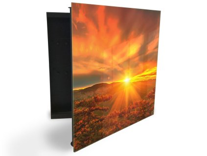 Glasdekor skříňka na klíče - pohled na hory, zářivý západ slunce (Barva skříňky Černá, Otevírání Pravé)