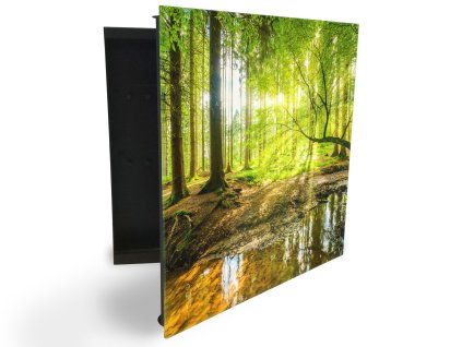 Glasdekor skříňka na klíče - les, slunce a potok (Barva skříňky Černá, Otevírání Pravé)