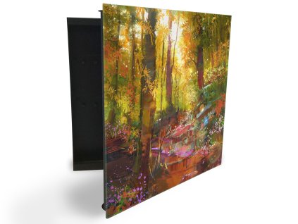 Glasdekor skříňka na klíče - malovaný les s květy (Barva skříňky Černá, Otevírání Pravé)