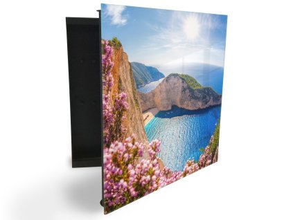 Glasdekor skříňka na klíče - pohled na moře a útes v Řecko (Barva skříňky Černá, Otevírání Pravé)