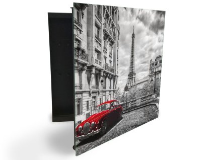 Glasdekor skříňka na klíče - červené auto a Eiffelová věž v Paříž (Barva skříňky Černá, Otevírání Pravé)