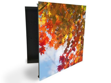 Glasdekor skříňka na klíče - podzimní listí podklad nebe (Barva skříňky Černá, Otevírání Pravé)