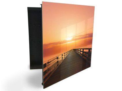 Glasdekor skříňka na klíče - most v západu slunce (Barva skříňky Černá, Otevírání Pravé)