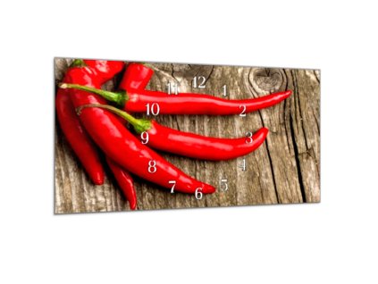 Nástěnné hodiny 30x60cm chilli papriky na dřevě (Materiál kalené sklo)