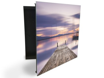 Glasdekor skříňka na klíče - molo k jezeru se západem slunce (Barva skříňky Černá, Otevírání Pravé)