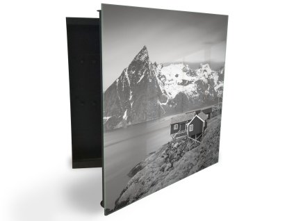 Glasdekor skříňka na klíče -černo bílé hory, jezero, chata (Barva skříňky Černá, Otevírání Pravé)