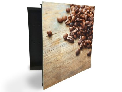 Glasdekor skříňka na klíče - kávová zrna na dřevěném stole (Barva skříňky Černá, Otevírání Pravé)