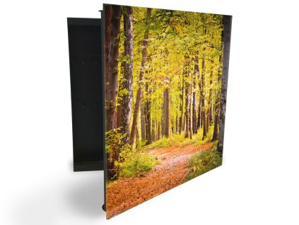 Glasdekor skříňka na klíče - pěšina v lese (Barva skříňky Černá, Otevírání Pravé)