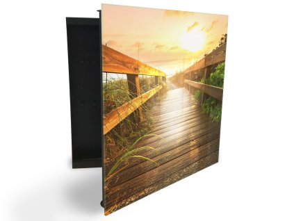 Glasdekor skříňka na klíče - dřevěná promenáda a západ (Barva skříňky Černá, Otevírání Pravé)
