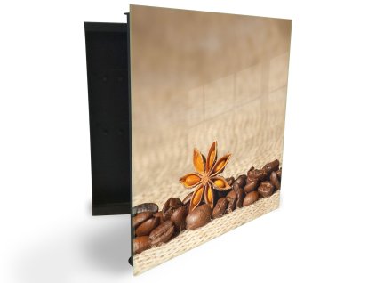 Glasdekor skříňka na klíče - zrna kávy, badyán na tkanině (Barva skříňky Černá, Otevírání Pravé)