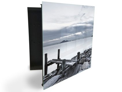 Glasdekor skříňka na klíče - černo bílá lávka u jezera (Barva skříňky Černá, Otevírání Pravé)