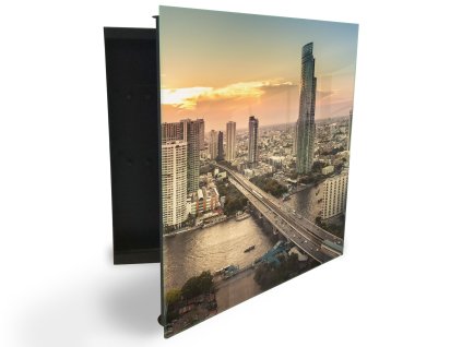 Glasdekor skříňka na klíče - most nad řekou mezi mrakodrapy (Barva skříňky Černá, Otevírání Pravé)