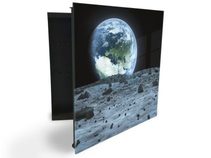 Glasdekor skříňka na klíče - měsíc, země, vesmír (Barva skříňky Černá, Otevírání Pravé)