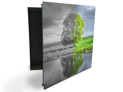 Glasdekor skříňka na klíče - strom u jezera zeleno šedý abstrakt (Barva skříňky Černá, Otevírání Pravé)
