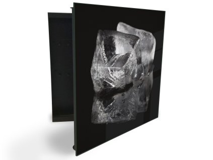 Glasdekor skříňka na klíče - dvě ledové kostky na černém podkladu (Barva skříňky Černá, Otevírání Pravé)