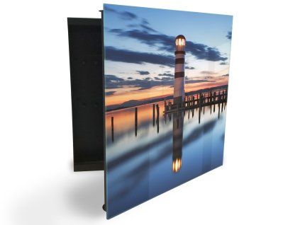 Glasdekor skříňka na klíče - maják u mola a západ slunce (Barva skříňky Černá, Otevírání Pravé)