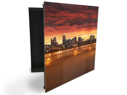 Glasdekor skříňka na klíče - město v západu slunce (Barva skříňky Černá, Otevírání Pravé)