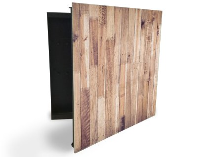 Glasdekor skříňka na klíče - hnědá textura dřevo (Barva skříňky Černá, Otevírání Pravé)