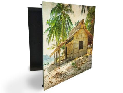 Glasdekor skříňka na klíče - malovaná chýše na pobřeží (Barva skříňky Černá, Otevírání Pravé)