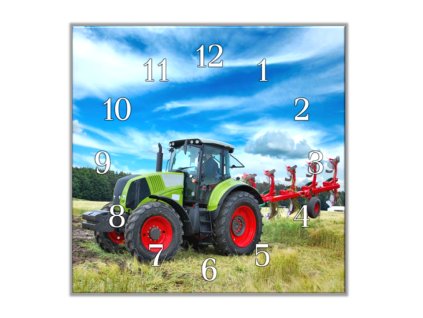 Nástěnné hodiny 30x30cm traktor Claas na poli (Materiál kalené sklo)