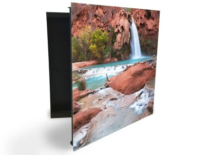 Glasdekor skříňka na klíče - vodopád do krásné řeky (Barva skříňky Černá, Otevírání Pravé)