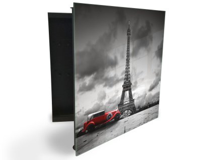 Glasdekor skříňka na klíče - Paříž Eiffelová věž a červené auto (Barva skříňky Černá, Otevírání Pravé)