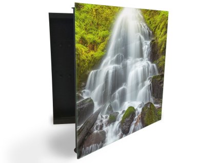 Glasdekor skříňka na klíče - krásný vodopád v lese (Barva skříňky Černá, Otevírání Pravé)