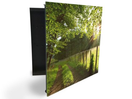 Glasdekor skříňka na klíče - les se slunečními paprsky a cestou (Barva skříňky Černá, Otevírání Pravé)