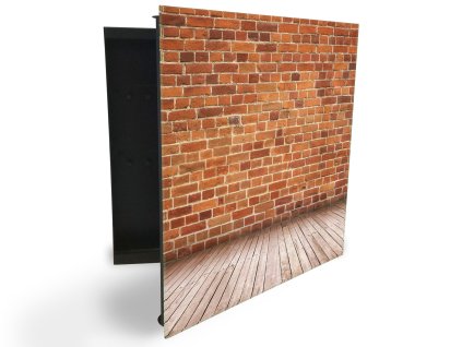 Glasdekor skříňka na klíče - dřevěná podlaha a cihlová zeď (Barva skříňky Černá, Otevírání Pravé)