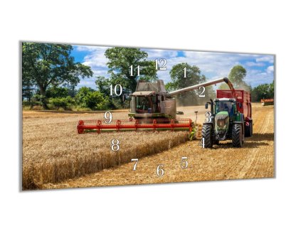 Nástěnné hodiny 30x60cm traktor a kombajn na poli (Materiál kalené sklo)