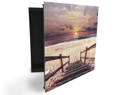 Glasdekor skříňka na klíče - promenáda na pláži západ slunce (Barva skříňky Černá, Otevírání Pravé)