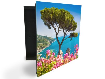 Glasdekor skříňka na klíče - scénický pohled Amalfi pobřeží (Barva skříňky Černá, Otevírání Pravé)