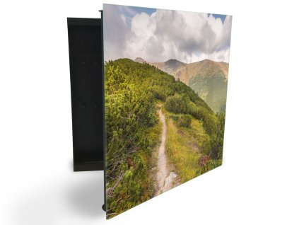 Glasdekor skříňka na klíče - lesní cesta v horách (Barva skříňky Černá, Otevírání Pravé)