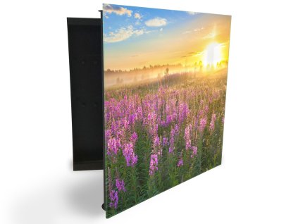 Glasdekor skříňka na klíče - louka květů a východ slunce (Barva skříňky Černá, Otevírání Pravé)