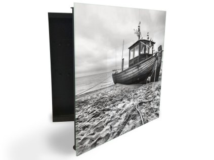 Glasdekor skříňka na klíče - černobílá rybářská loď (Barva skříňky Černá, Otevírání Pravé)
