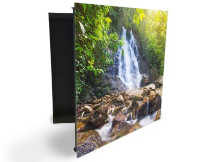 Glasdekor skříňka na klíče - vodopád v lese u řeky (Barva skříňky Černá, Otevírání Pravé)