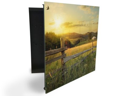 Glasdekor skříňka na klíče - letní louka při východu slunce (Barva skříňky Černá, Otevírání Pravé)