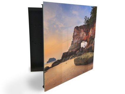 Glasdekor skříňka na klíče - pobřeží Laem Chamuk v západu slunce (Barva skříňky Černá, Otevírání Pravé)