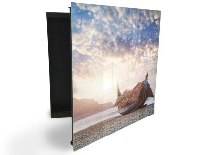 Glasdekor skříňka na klíče - zakrytá loďka rákosím u moře (Barva skříňky Černá, Otevírání Pravé)