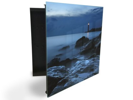 Glasdekor skříňka na klíče - noční moře a maják (Barva skříňky Černá, Otevírání Pravé)