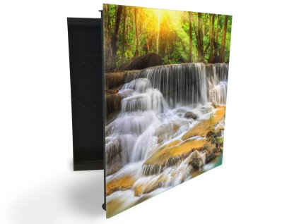 Glasdekor skříňka na klíče - les, slunce a vodopády (Barva skříňky Černá, Otevírání Pravé)