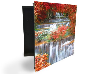 Glasdekor skříňka na klíče - podzimní listí a vodopády (Barva skříňky Černá, Otevírání Pravé)