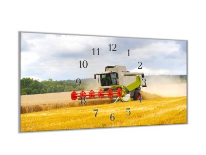 Nástěnné hodiny 30x60cm kombajn na poli, žně (Materiál kalené sklo)