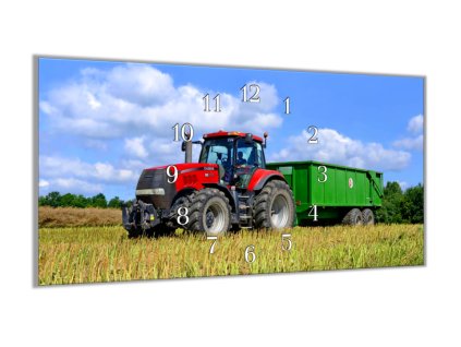 Nástěnné hodiny 30x60cm traktor Case zelená vlečka (Materiál kalené sklo)
