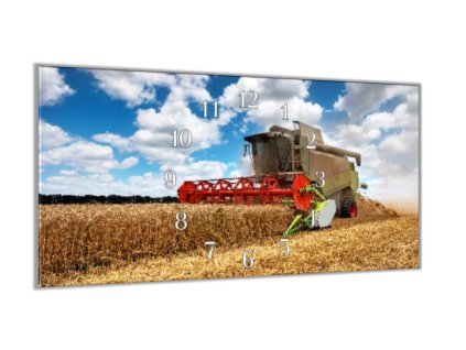 Nástěnné hodiny 30x60cm kombajn seče pole, žně (Materiál kalené sklo)