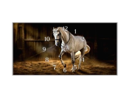 Nástěnné hodiny 30x60cm bílý kůň ve stáji (Materiál kalené sklo)